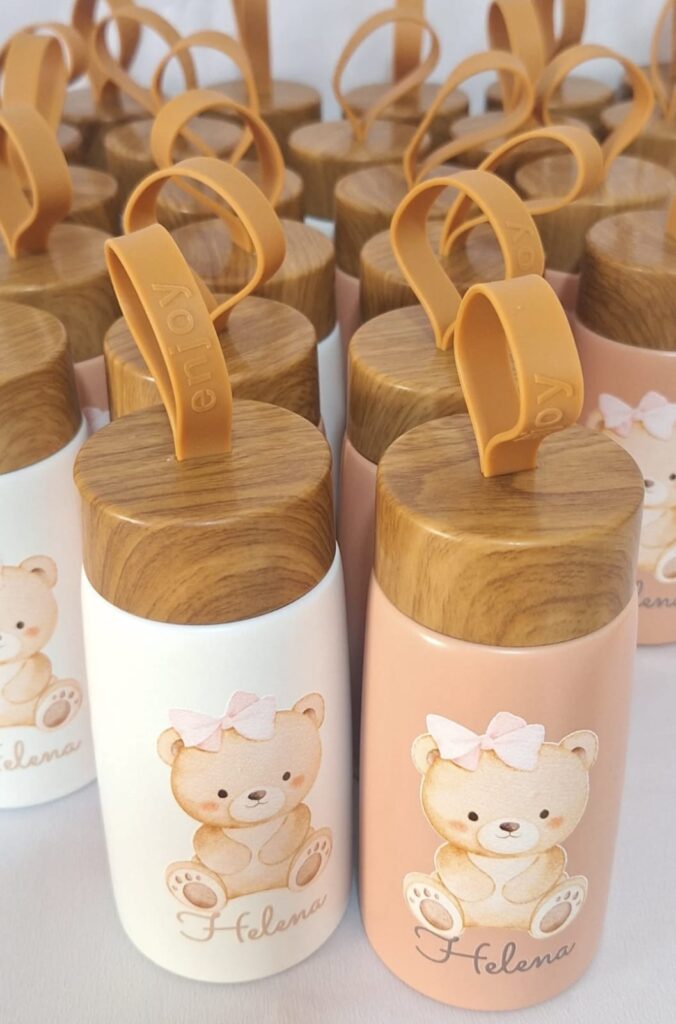 garrafa termica 250 ml tampa madeira lembrancinha cha de bebe ursinha
